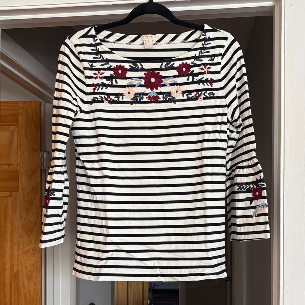 J. Crew Black and White Striped Blouse with Floral Embroidery